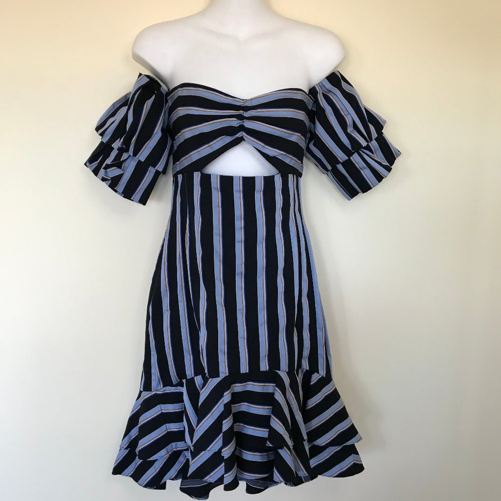 Wayf Tegan Blue & Black Stripe Off Shoulder Ruffle Sweetheart Cutout Dress